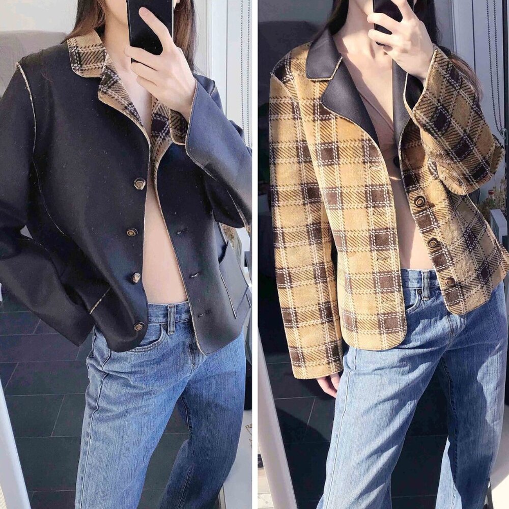 Reversible double sided faux leather jacket / Plaid checkered flannel jacket